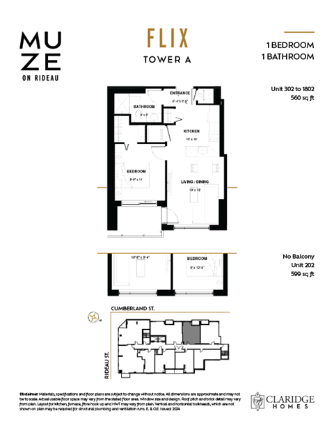 Floor plan for 1 bed, 1 bath, 560 sqft